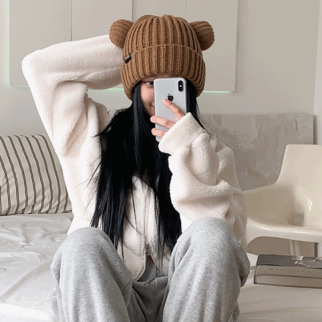 [왕두툼] 동글 베어 니트 뜨개 곰돌이 귀여운 겨울 비니 모자 3color